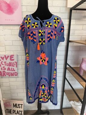 Blue Embroidered Midi Dress with Neon Floral Accents